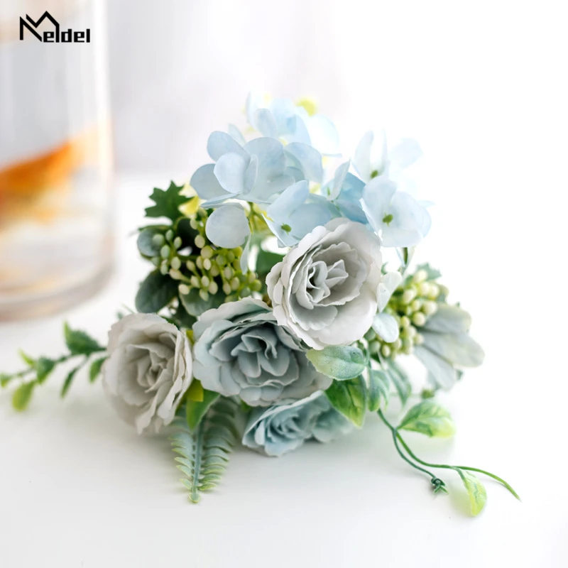 Meldel Mini Bouquet Silk Rose Artificial Flower Fake Hydrangea DIY Flower Arrangement Purple Home Party Wedding Table Decoration