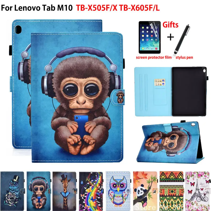 Case For Lenovo Tab M10 10.1 Cover Funda TB-X505F TB-X505X TB-X605L TB-X605F Cartoon monkey Painted Stand Skin Shell Capa +Gift