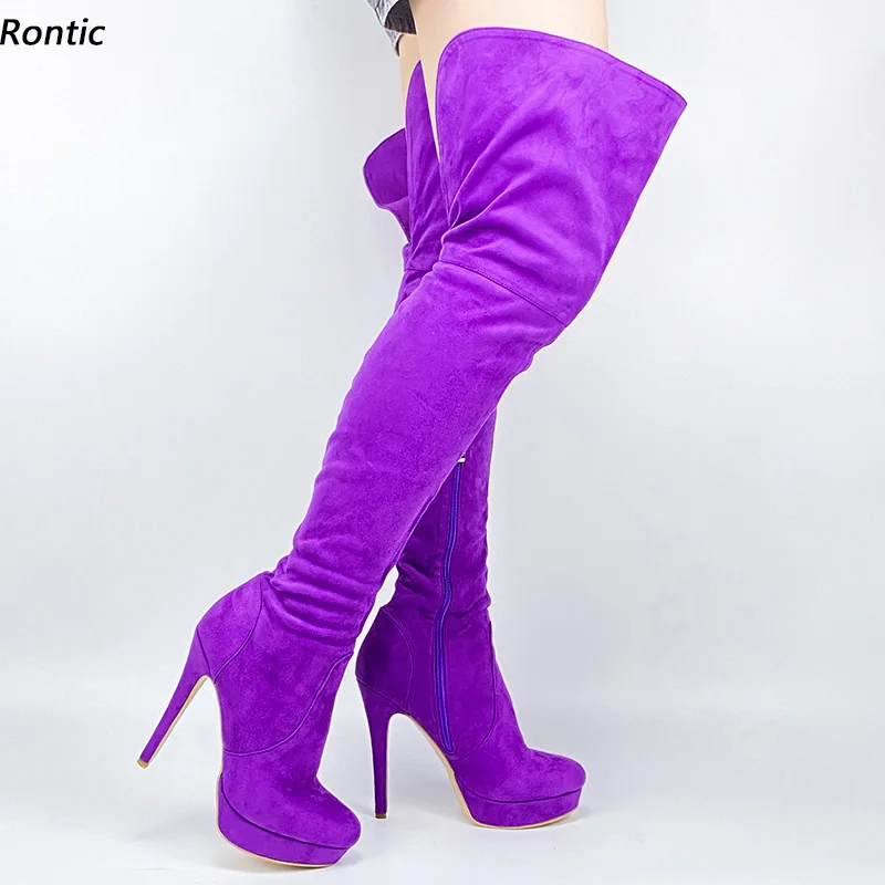 

Rontic New Women Winter Platform Thigh Boots Unisex Sexy Stiletto Heels Round Toe Pretty Purple Fuchsia Party Shoes US Size 5-20