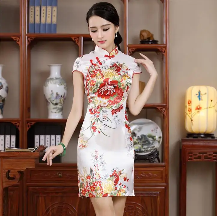 Elegant Black Lady Qipao Vintage Mandarin Collar Chinese Dress Classic Print Flower Sexy Mini Slim Cheongsam Sleeveless Vestidos