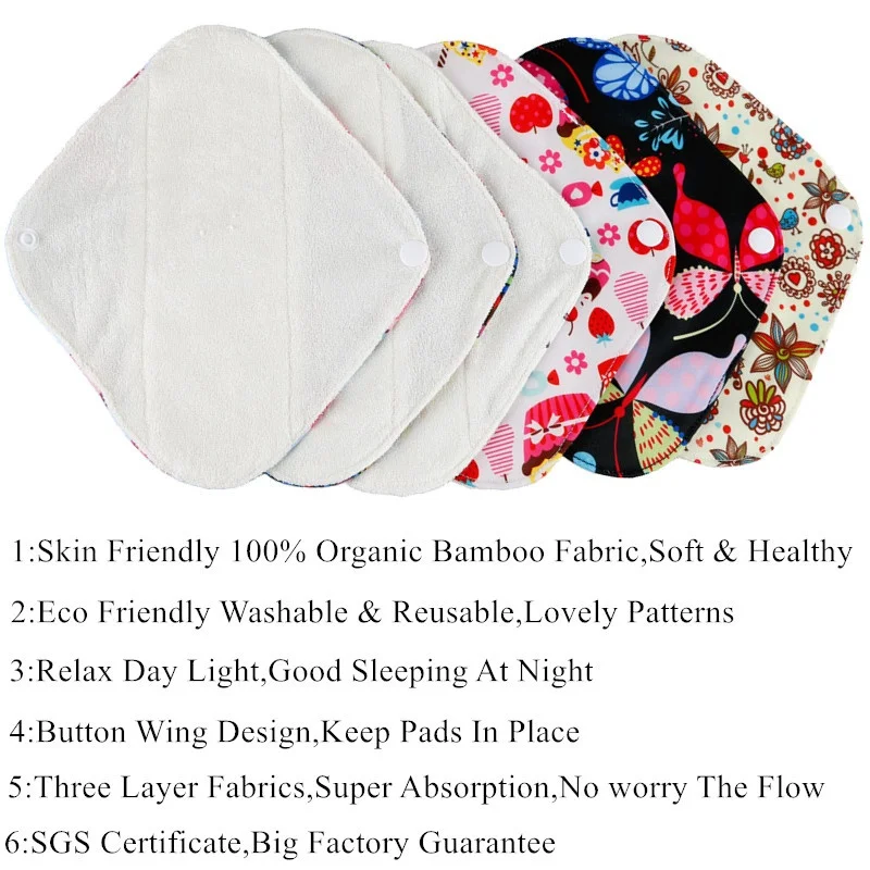 Almohadillas sanitarias de fibra de bambú para menstruación, 10 piezas, reutilizables, impermeables, para higiene femenina