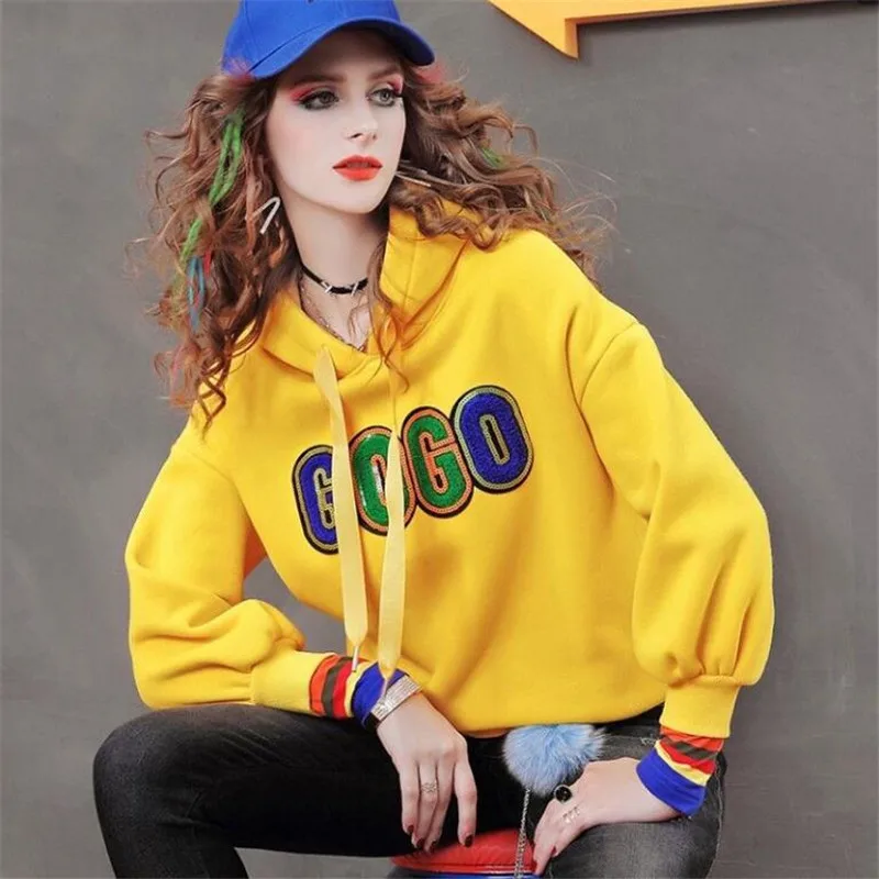 

Trendy women hoodies 2020 autumn warm tops loose hoody ladies hoodie Embroidered lantern sleeve coat women's Chic streetwear