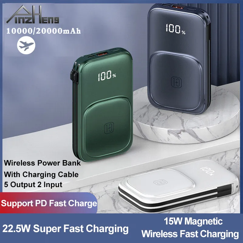 

PINZHENG 20000mAh 22.5W Fast Charge Power Bank 15W Wireless Charging Powerbank Portable External Battery For Xiaomi With Cable