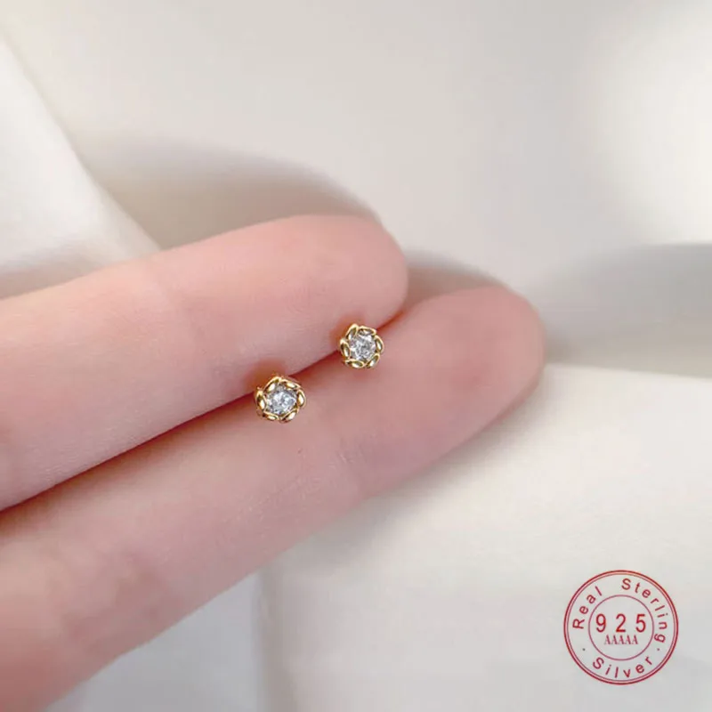 925 Sterling Silver Exquisite Flower Inlaid Zircon Small Ear Bone Nails Stud Earrings Women Classic Fashion Daily Jewelry