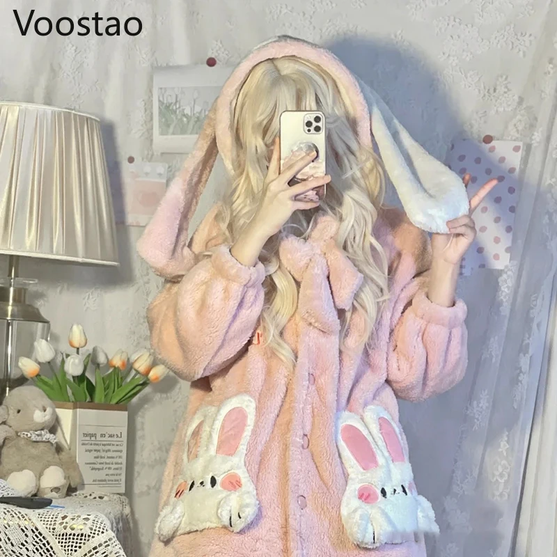 Autumn Winter Women Sweet Lolita Coral Fleece Pajamas Dress Cute Cartoon Rabbit Ears Hooded Homewear Robes Girls Plush Nightgown