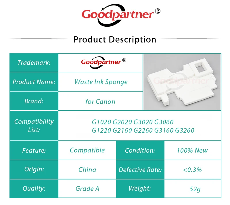 Esponja residual do tanque de tinta para Canon, 1X, G1020, G2020, G3020, G3060, G1220, G2160, G2260, G3160, G3260, G540, G550, G570, G620, G640, G650