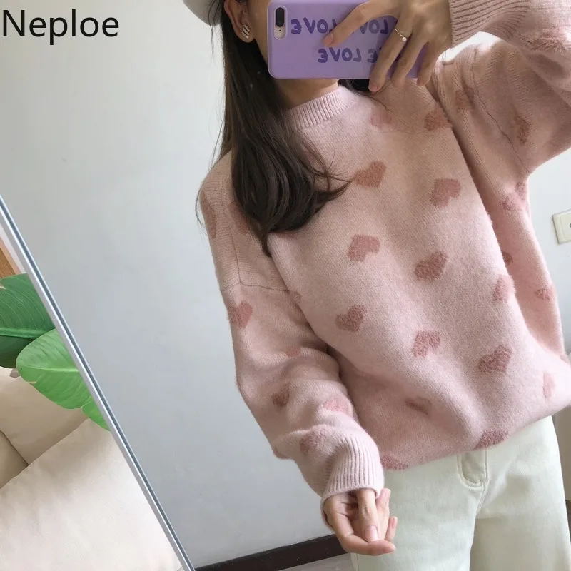 Neploe Imitation Water Velet Print Winter Clothes Pink O Neck Pullover Heart Pattern Sweater Women Warm Long Sleeve Sueter 47733