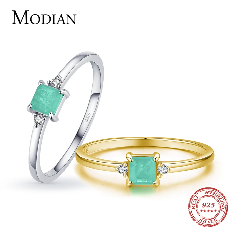 Modian New 925 Sterling Silver Fashion Emerald cut Tourmaline Finger Rings For Women Elegant Simple Paraiba Silver Fine Jewelry