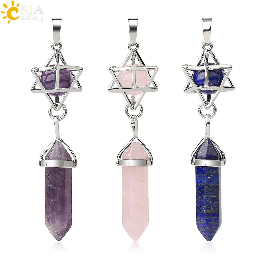 CSJA Reiki Natural Stone Pendant Merkaba Locket Pendulum Hexagonal Prism Crystal Long Pendants for Necklaces Women Jewelry G512