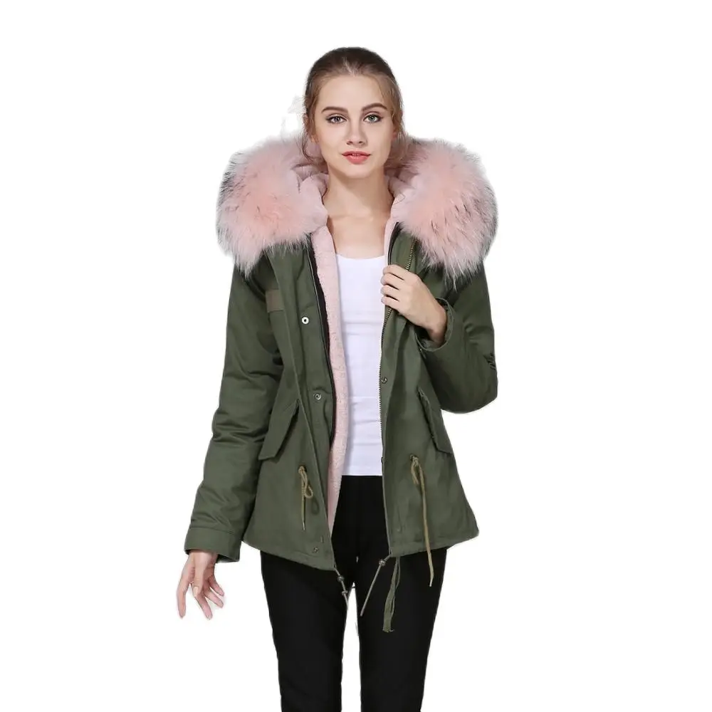 Fashion Lady Coat Army Green Windproof Shell Parka Big Hooded With Pink Raccoon Collar