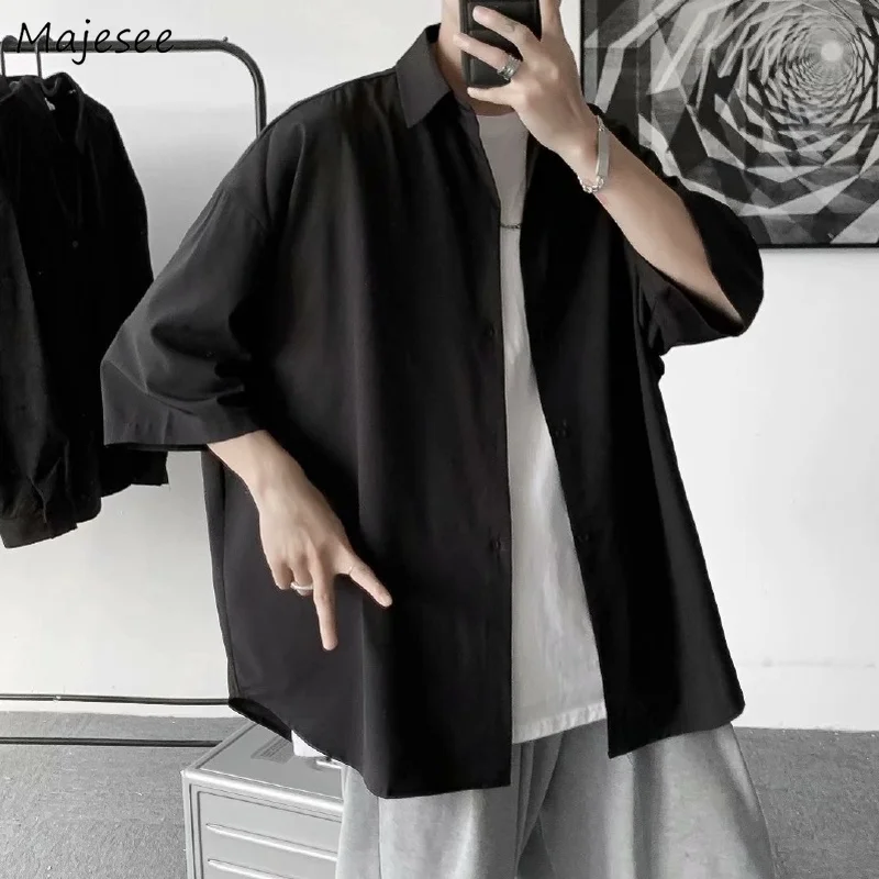 Men Shirts Harajuku Black White Simple Short Sleeve Korean Style Draped Loose Plus Size S-3XL Hip-hop Summer All-match Outwear