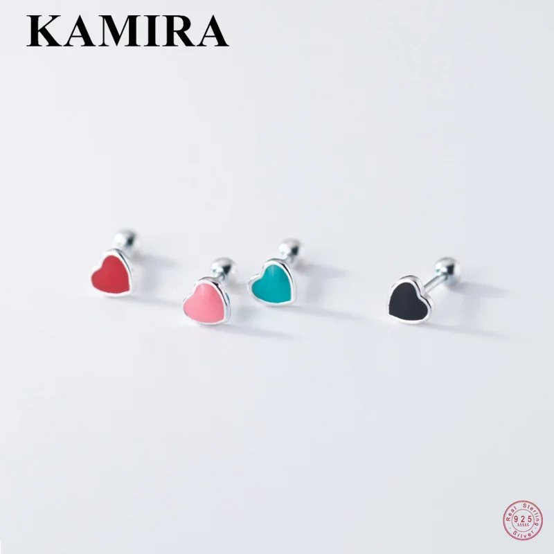 KAMIRA Real 925 Sterling Silver Korean Enamel Love Heart Spiral Bead Piercing Stud Earrings for Women Party Fashion Jewelry Gift