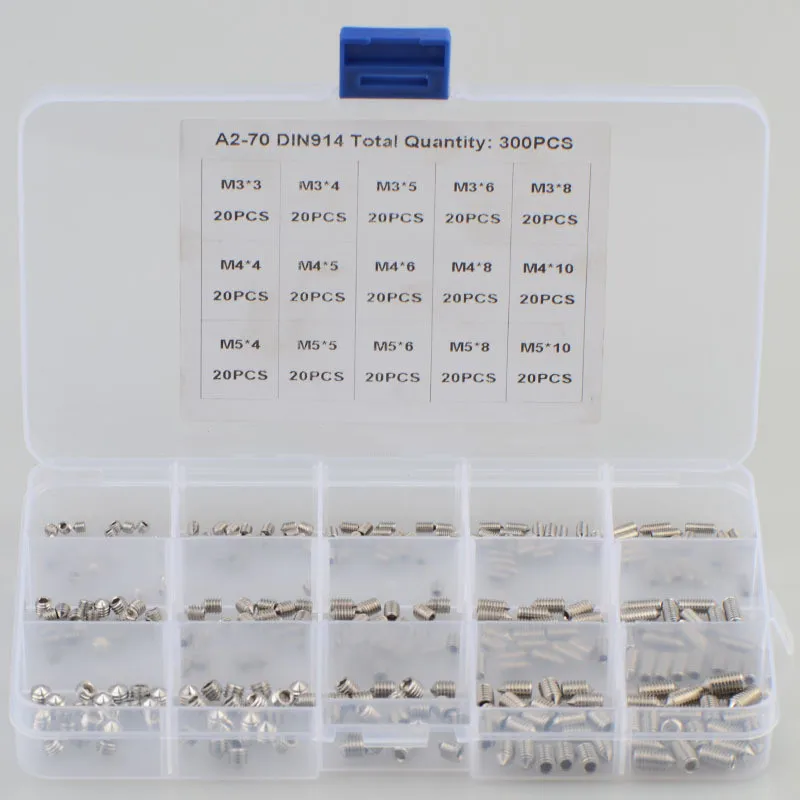 300pcs Hex Hexagon Socket Cone Point Set Screw Assortment Kit  Stainless Steel 304 DIN914 M3 M4 M5 Headless Screw Set