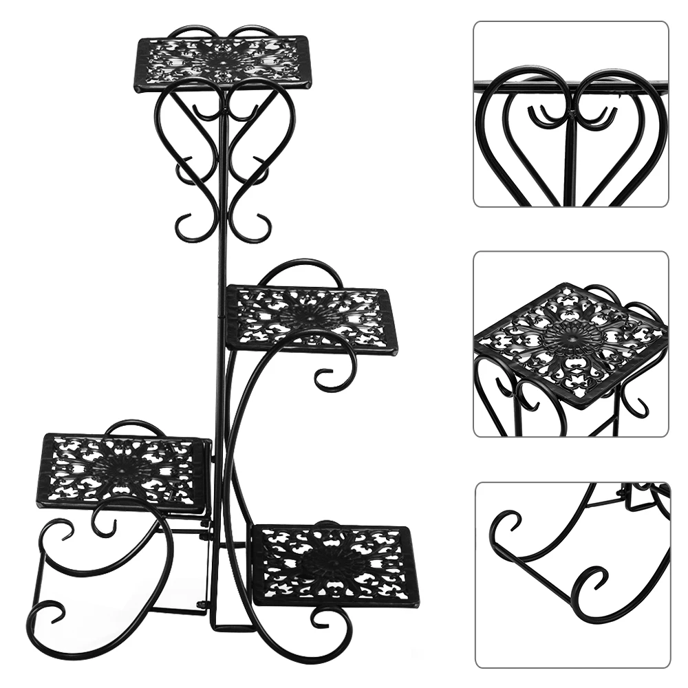 Artisasset One Set Black Paint 32.3 Inches High 4 Square Patterned Potted Plants Stand Flower Rack[US-Stock]