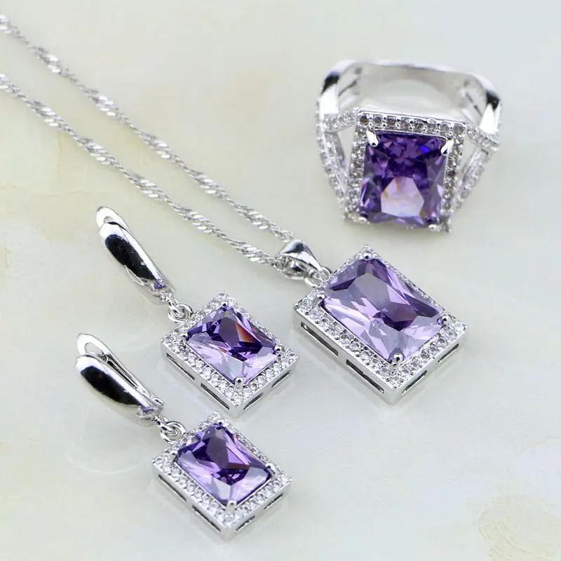 Square Natural Purple Zircon White Australian Crystal 925 Silver Jewelry Sets For Women Wedding Earrings/Pendant/Necklace/Ring