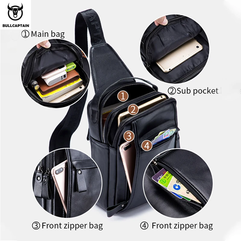 BULLCAPTAIN Genuine Leather Men's Chest Bag Multi Function Bag Can Accommodate 7.9 Inch IPai Pocket Fashion Men's Crossbody Bag