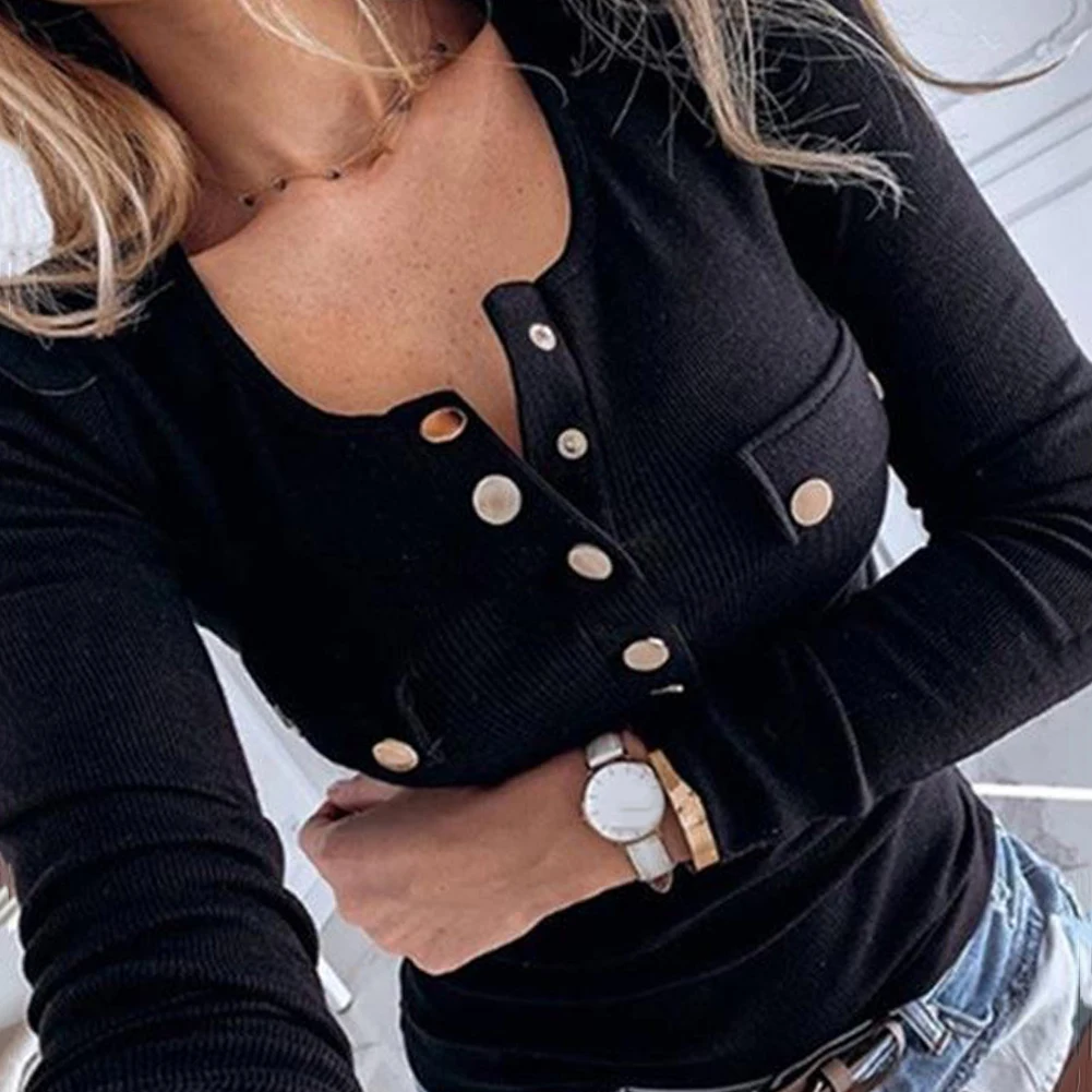 2020 ilkbahar sonbahar moda seksi kadınlar uzun kollu düz renk düğme-s nervürlü ince düşük kesim bluz M-5XL kadın bez