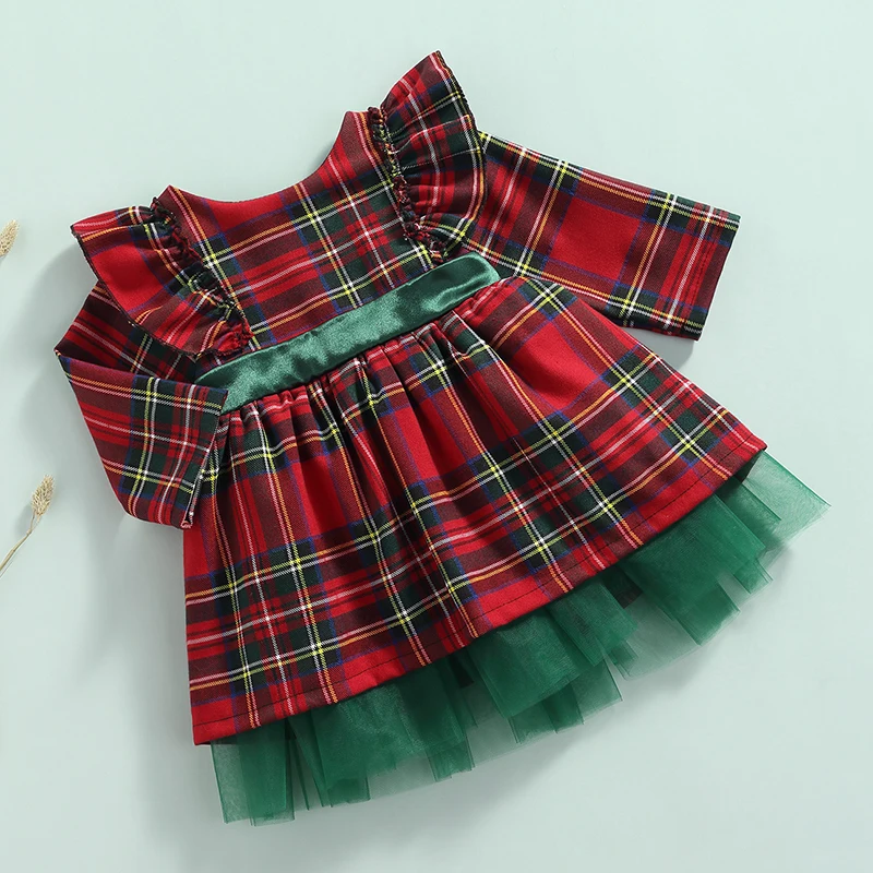 New 6M-5 Years Christmas Dress For Girls Toddler Kids Red Green Plaid Bow Dresses For Girl Xmas Party Princess Costumes Clothes