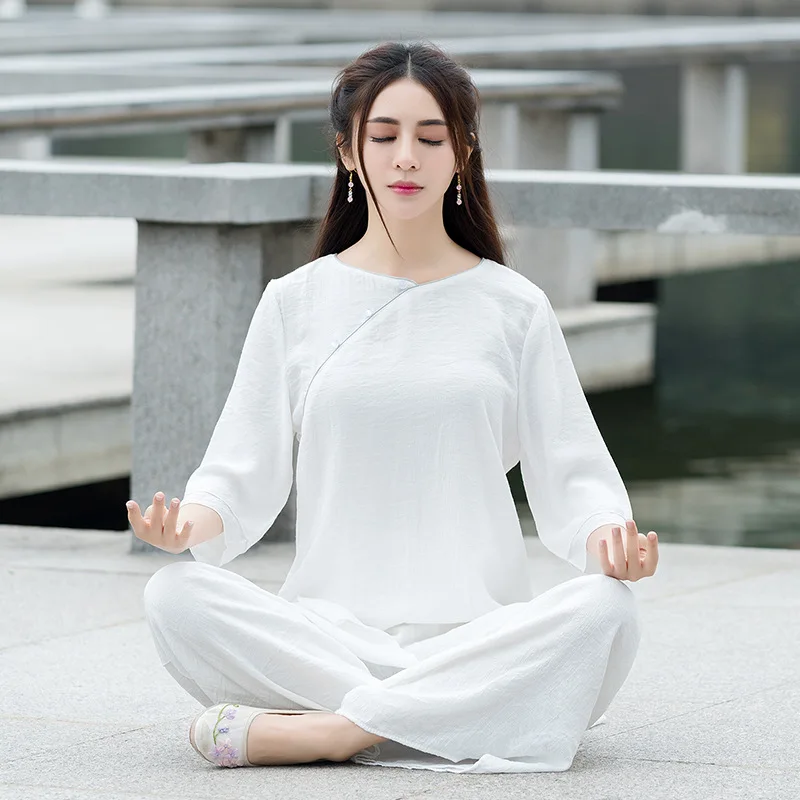 Terno feminino solto de duas peças de algodão e linho, roupa nova de meditação estilo étnico, roupa tradicional feminina