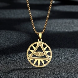 CHENGXUN All-Seeing-Eye of Providence Illuminati Pyramid Charm Necklace Round Pendant for Men Women Stainless Steel Jewelry New