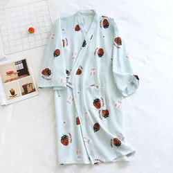 Japanese Pajamas Women's Summer Thin Kimono Robes Cotton Double-layer Crepe Home Clothes Long Nightgown Strawberry Bath Robe