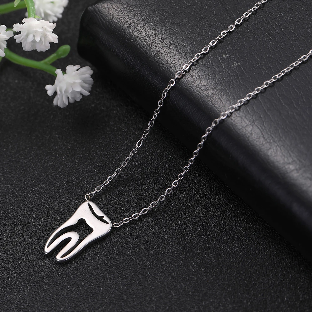 Cazador Cute Dentist Tooth Necklace for Women Black Rose Gold Color Stainless Steel Chain Necklaces Fashion Jewelry Wholesale