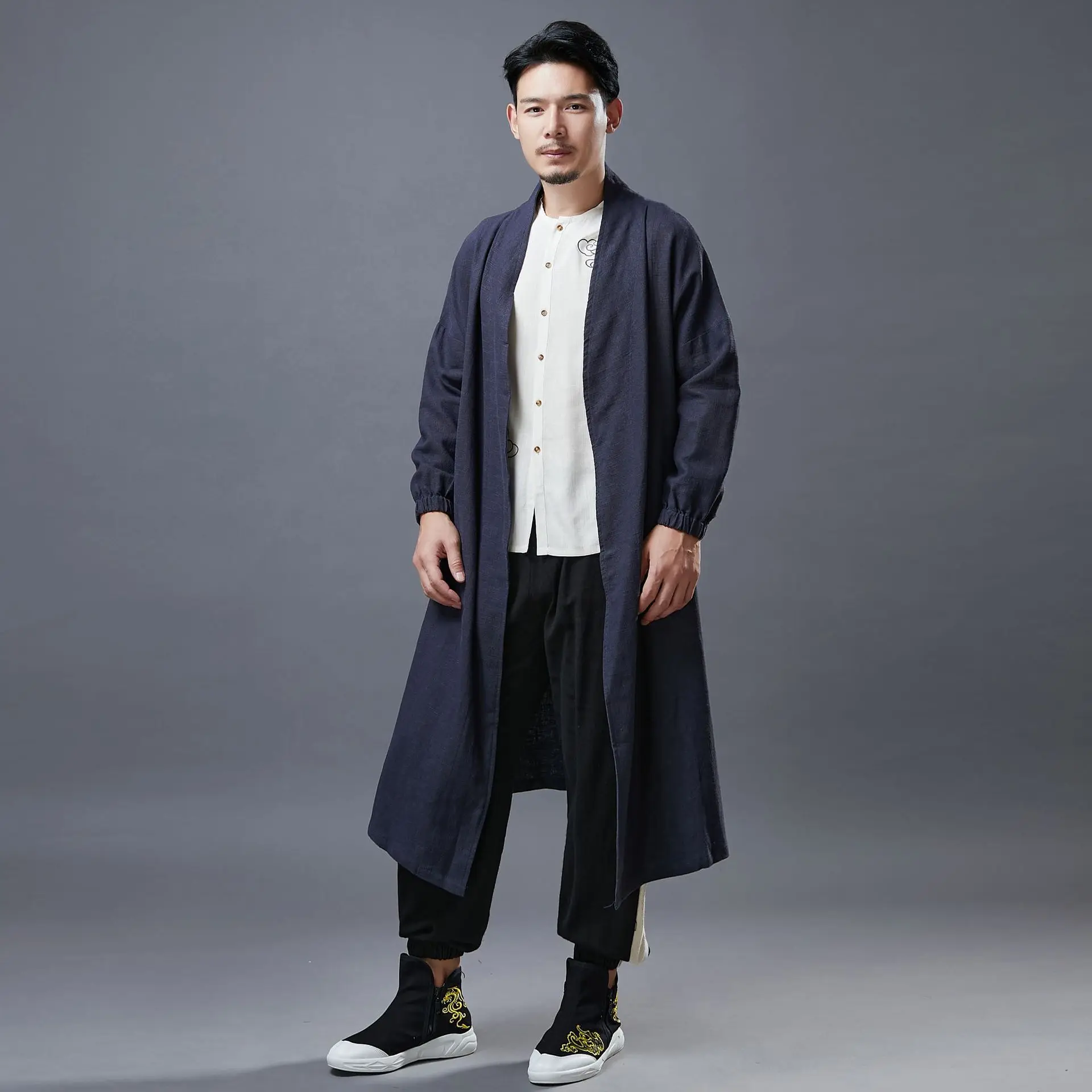 Cotton Linen Men Chinese Hanfu Shirt Solid Cloak&Windbreaker Ancient Mandarin Collar Robe Retro Button Cardigan Casual Tang Tops