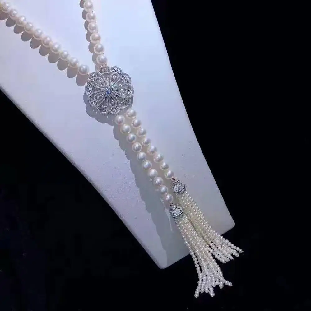 Hand knotted 8-9mm white freshwater pearl micro inlay zircon accessories tassels sweater necklace long 70 15cm