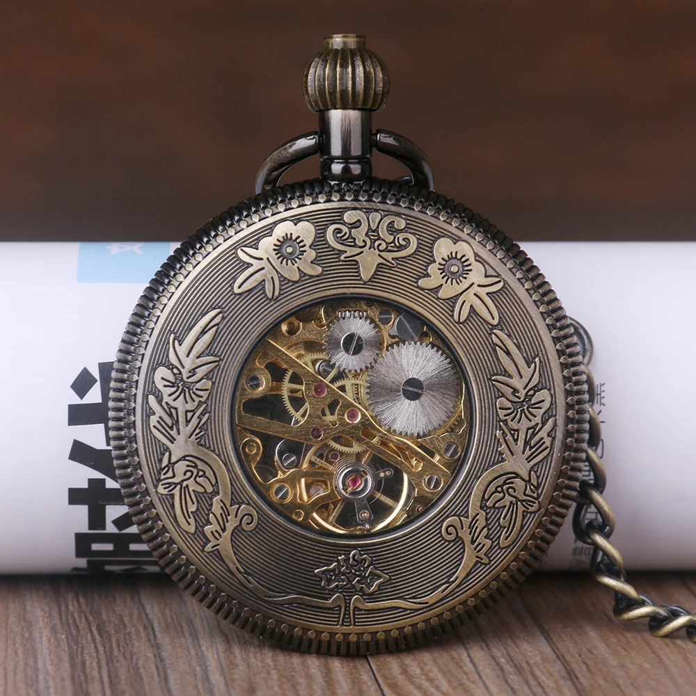 New Fashion Unique Self Wind Pocket Watch ciondolo in bronzo Retro Skeleton orologio da tasca meccanico donna uomo