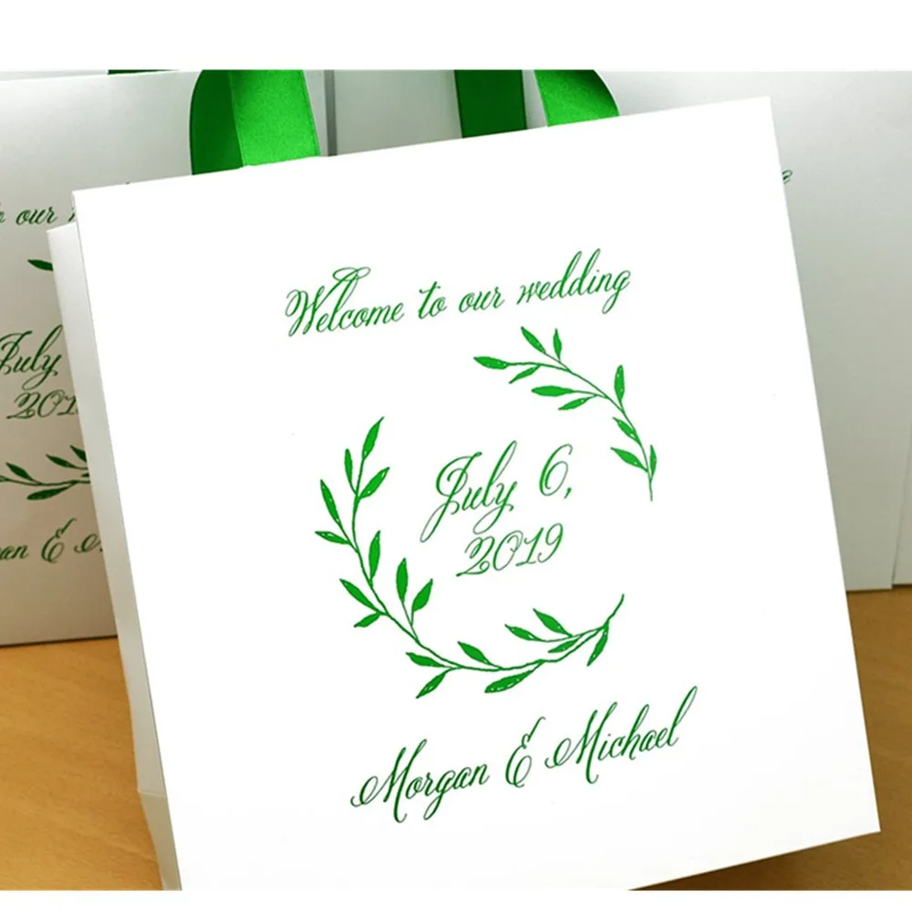 Personalized 25 Greenery Wedding Welcome Bags with satin ribbon & custom names, Elegant Green  bag for wedding favor for guests