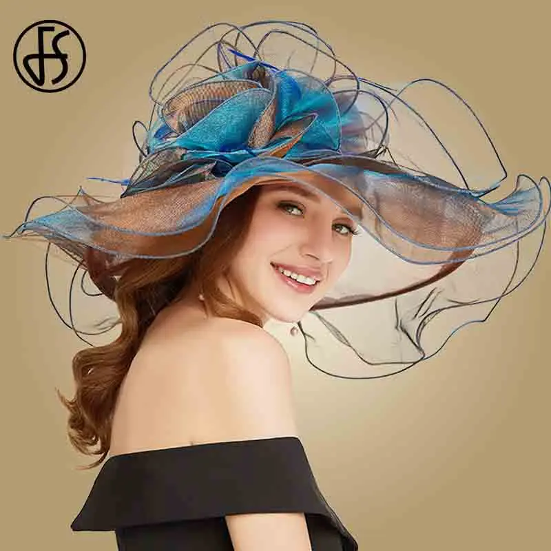 FS Kentucky Derby Fascinators Hat For Women Ladies Organza Sun Hats Flowers Elegant Large Wide Brim Wedding Bride Church Fedoras