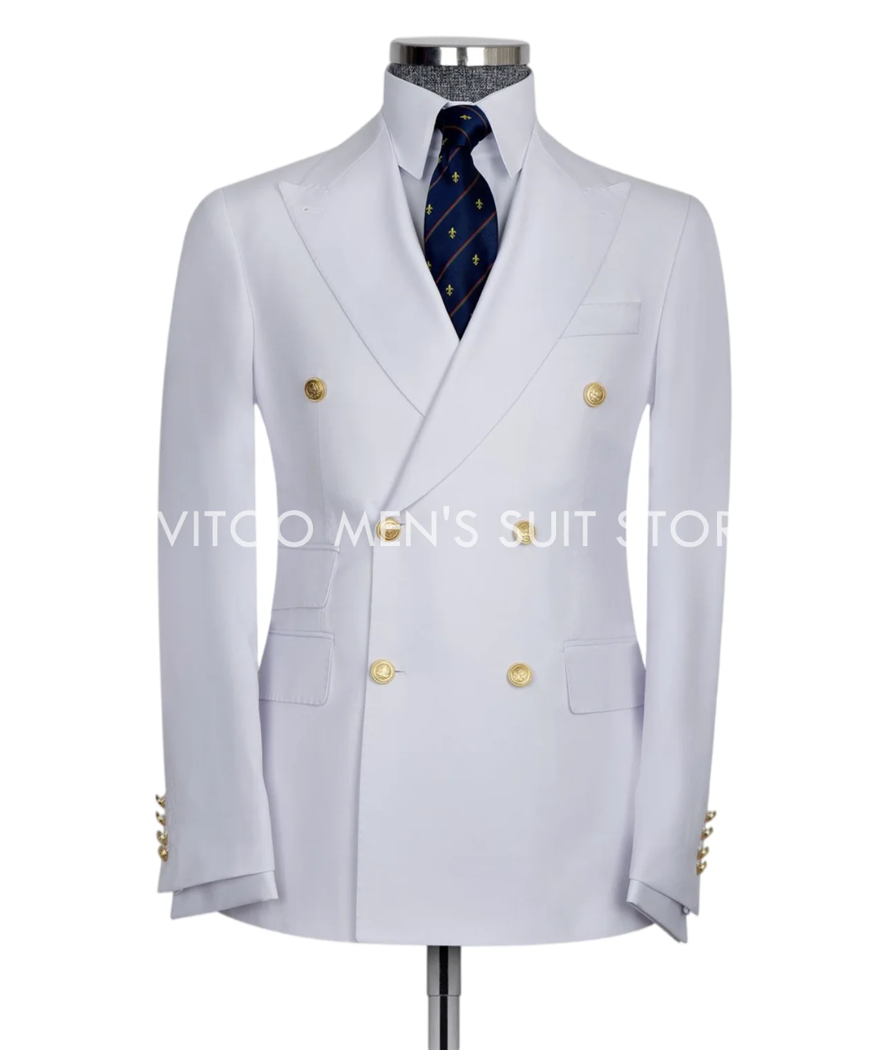 

White Solid Color Men Suits Classic Peaked Lapel Blazer Custom Made Double Breasted Party Prom Coat Tuxedos/Wedding Male Sets