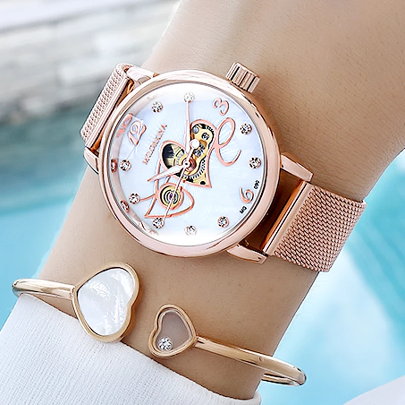 ORKINA Rose Gold SKeleton Design Ladies Automatic Mechanical Watches Women Watch Luxury Geneva Brand Relogio Love Montre Femme