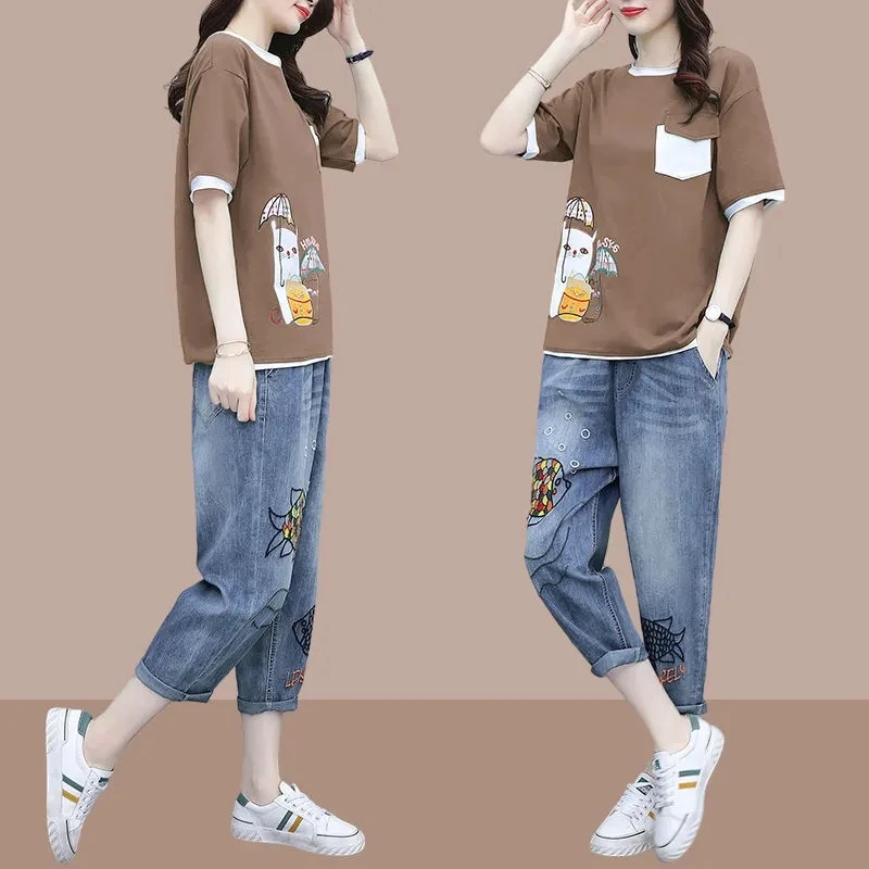 

2025Summer New Ladies One-Piece/Set Cotton Short-Sleeved T-Shirt Denim Outfit Female Suit Women Cowboy Two-Piece Suit