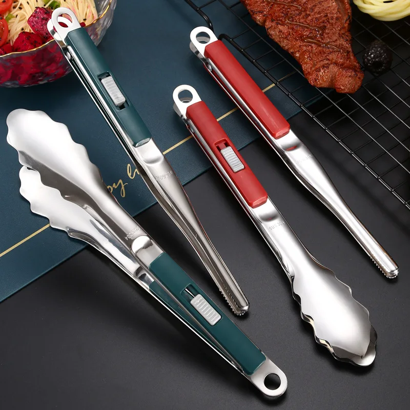 2 Styles Stainless Steel Barbecue Grill Tongs Slide Button Bread Buffet Non-Stick Clamp Food Cooking Clip Kitchen Accessories