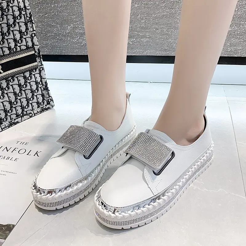 Aphixta Luxury Crystals Hook & Loop Round Toe Flats Women 3cm Chunky Sole Platform Casual Female Rhinestone Shoes Big Szie 43