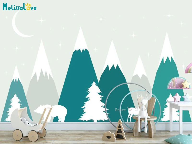 

Deer and Bear Pine Trees Nursery Decals Mountains Wall Stickers Baby Game Room Deco Custom Colors Murals YT5288