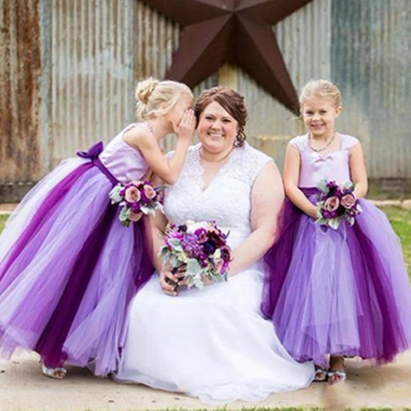 สีม่วงดอกไม้ชุดสาว Tulle Fluffy Sleeveless ความยาว Ball ชุดเด็กสาว First Holy Communion Party Dresses