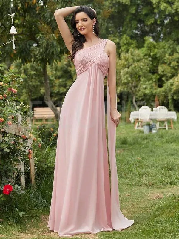 

Pink Cheap Bridesmaid Dresses Under 50 Empire One Shoulder Floor Length Chiffon Long Wedding Party Dresses For Women