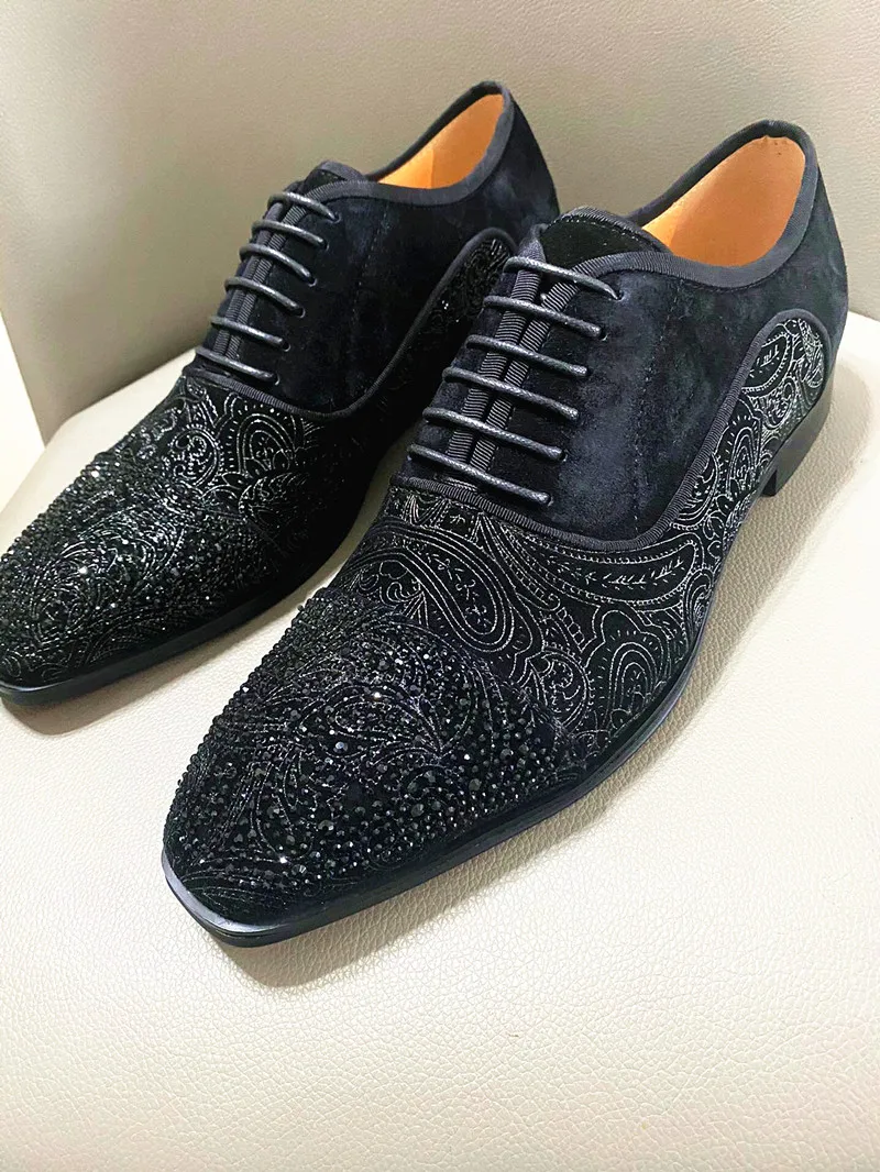 SHOOEGLE Luxury Black Handmade Rhinestone Shoes Men Diamond Printing Flower Embroider Lace Up Flat Shoes Male Fashion Loafer