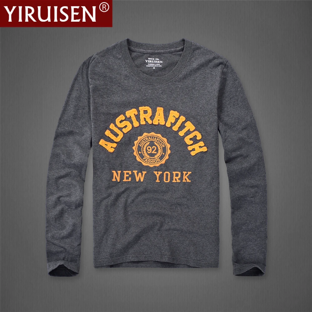 YiRuiSen Brand Autumn Clothing Mens Fashion Long Sleeve T Shirt 100% Cotton Letter Patchwork Design Soft Casual T Shirts For Men