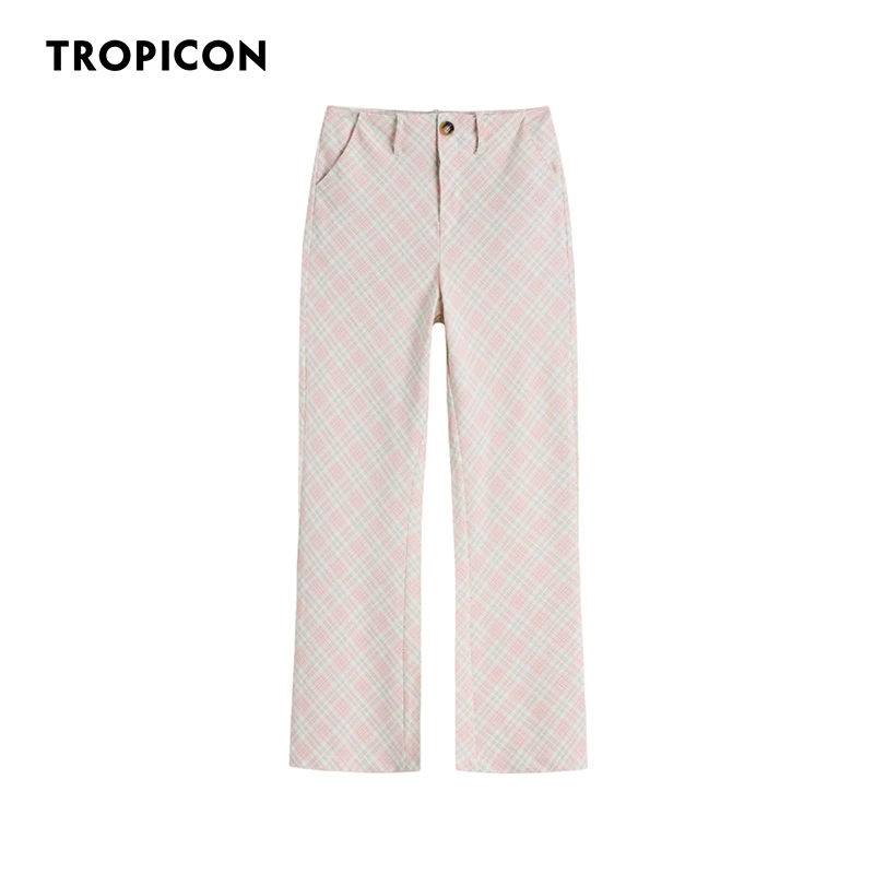 

TROPICON Pink Flare High Waist Plaid Pants Women 90s Aesthetic Vintage Bottoms Trousers Summer Long Pants 2021 Clothing