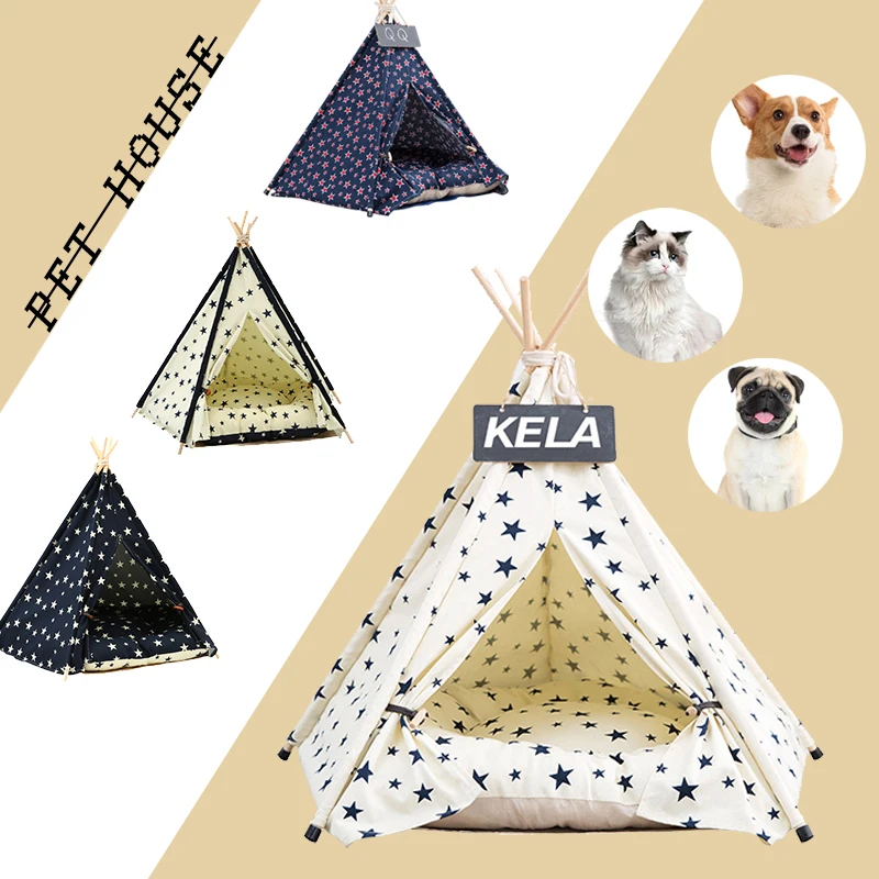 

2021 New Creative Star Pattern Pet Tent Dog Cat Puppy Houses Portable Dog Tents & Pet Houses Wood Canvas Tipi Fold Beds Supply