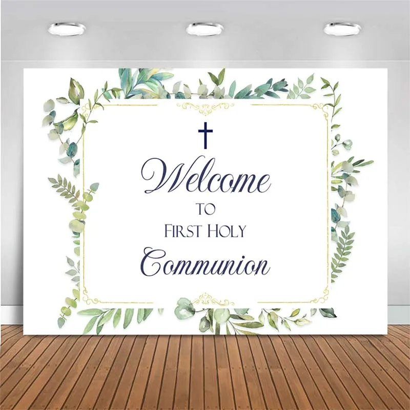

Newborn Baby White Baptism Backdrop Green Leaves Baby Shower Background Welcome To First Holy Communion Photography Backdrop
