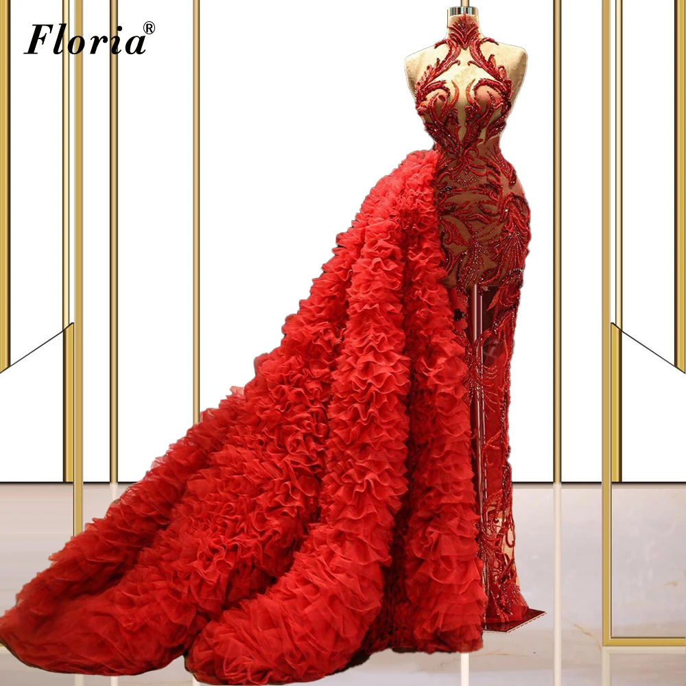 Vintage Transparent Red Celebrity Dresses Haute Couture Long Lace Evening Dresses Gorgeous Prom Dresses вечернее платье 2021