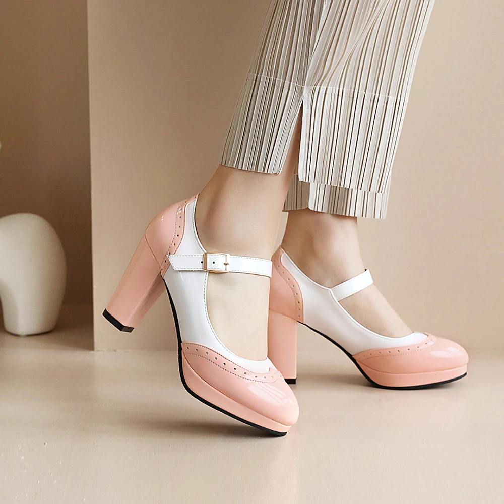 New Arrival Women Platform Pumps Spring Mixed Colors Mary Jane Shoes Lady Round Toe High Heels Fashion Buckle Brogues Woman