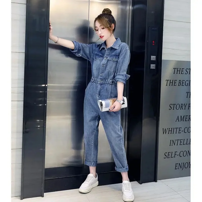 Fashion Denim Jumpsuit Women 2021 New Spring New Tooling Jumpsuit Slim Slimming Age Reduction Suit Trousers Commute