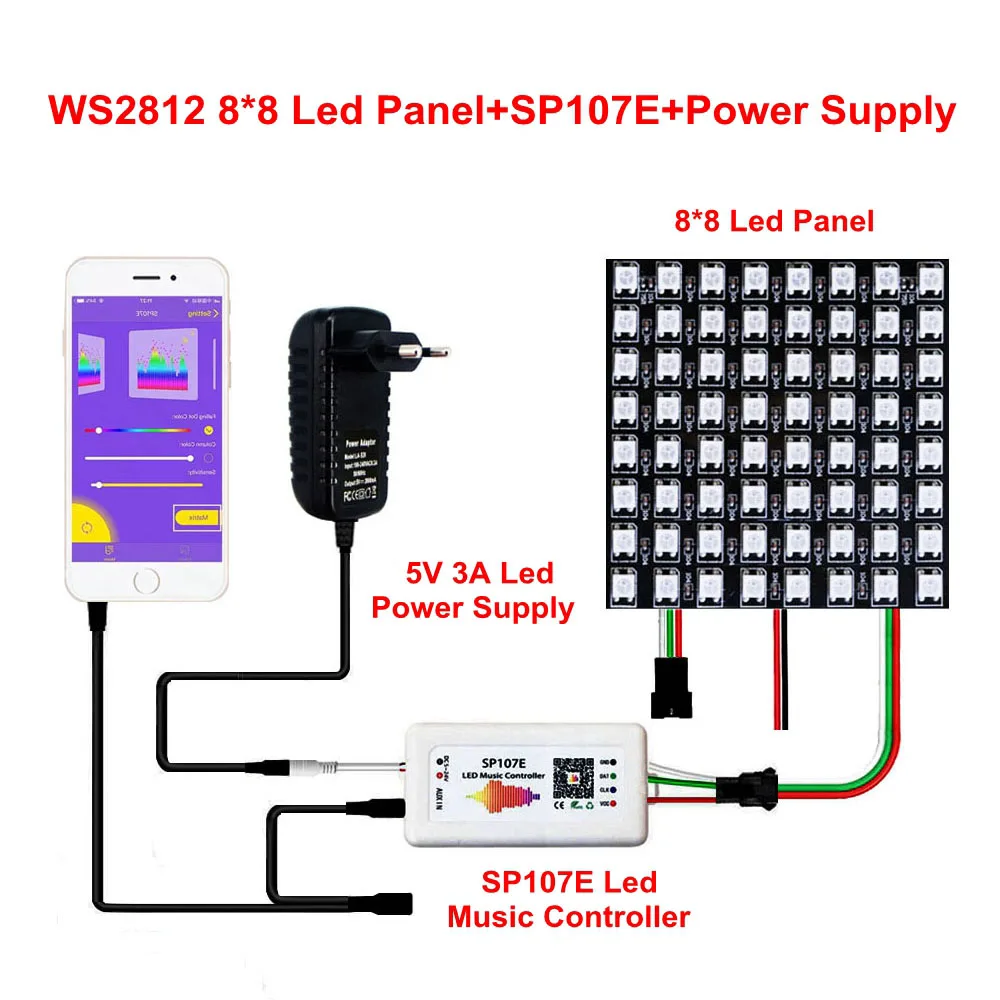 WS2812B Individually Addressable 8x8 16X16 8X32 WS2812 LED Pixels Screen Panel With DC5V Transformer And SP107E Music Controller