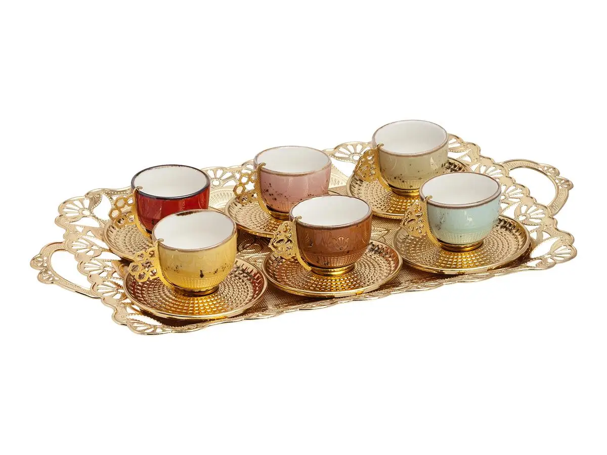 Espresso Coffee Cups with Saucers and Tray Set of 6, Porcelain Turkish Greek Gold Coffee Cups and Saucers, coffee Cup For Women