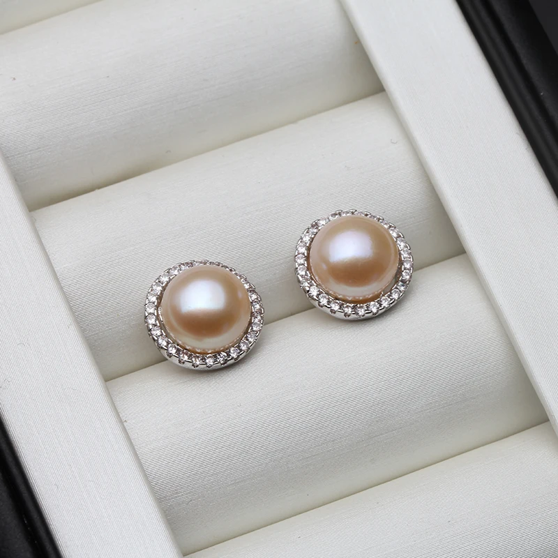 Hochzeits-Ohrringe mit natürlichen Süßwasser-Weißperlen, 925er Silber, Damen, Braut, runde Perlenohrringe, edler Schmuck, Geschenk für Ehefrau, Mutter, Party – Detail 3